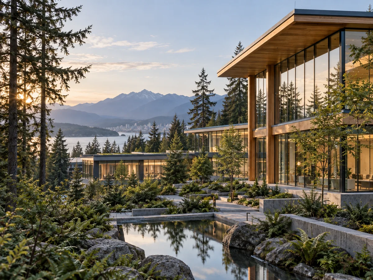 Illustration of sustainable commercial architecture in a Pacific Northwest setting